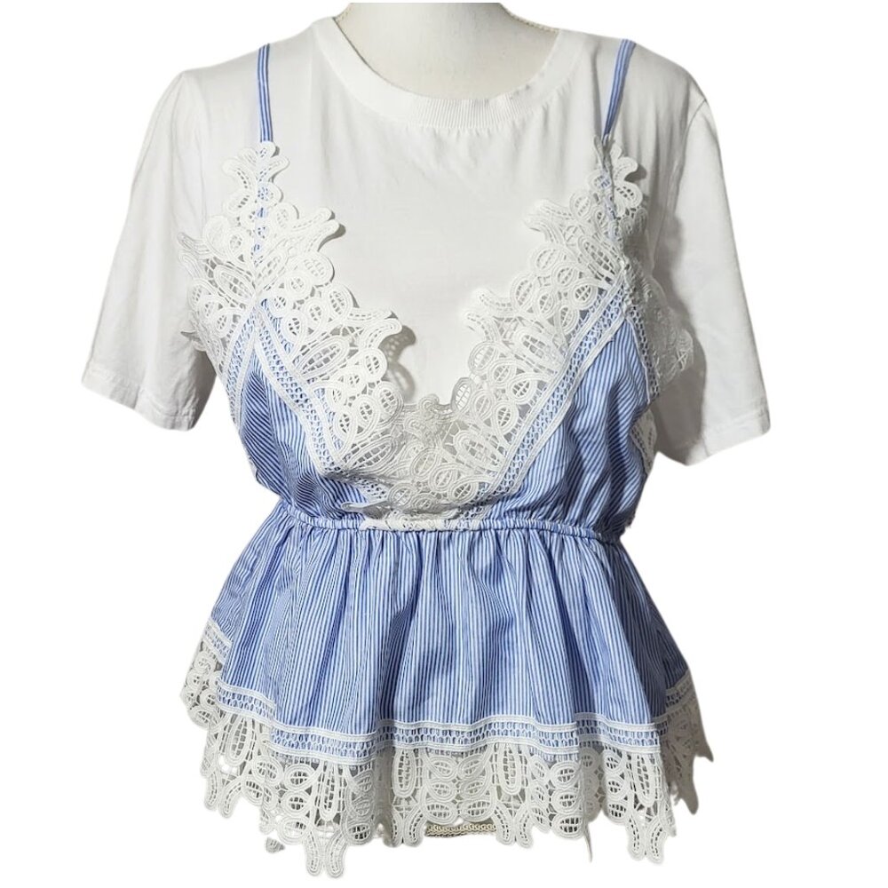 ENGLISH FACTORY Blue & White Striped Laced Mixed Media T-Shirt Top - Women's L